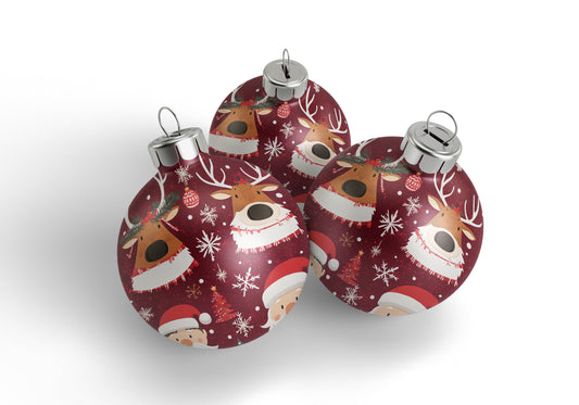 Christmas Ball Ornament Set – 3pcs Whimsical Red Ornament Design with Reindeer & Santa Figures, Festive Holiday Decorations