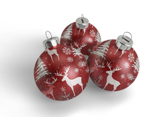 Christmas Ball Ornament Set – 3pcs Red & White Glitter Reindeer and Snowflake Design, Festive Holiday Decorations