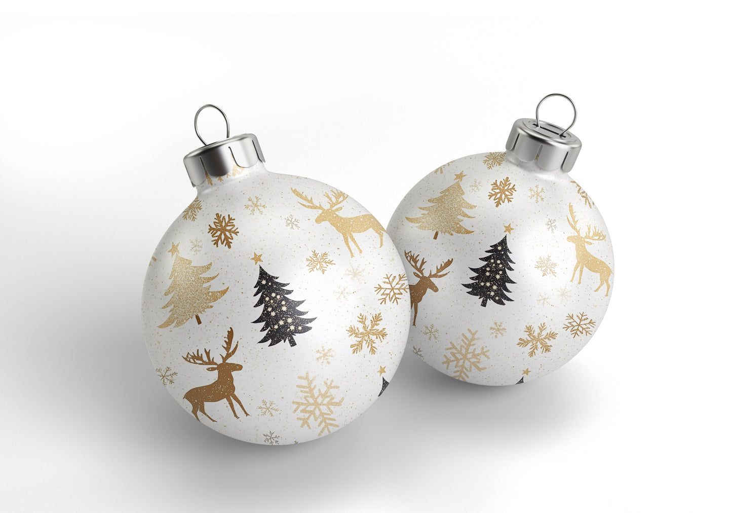 Christmas Ball Ornament Set – 3pcs White with Gold & Black Holiday Motifs, Luxurious Christmas Tree Decorations