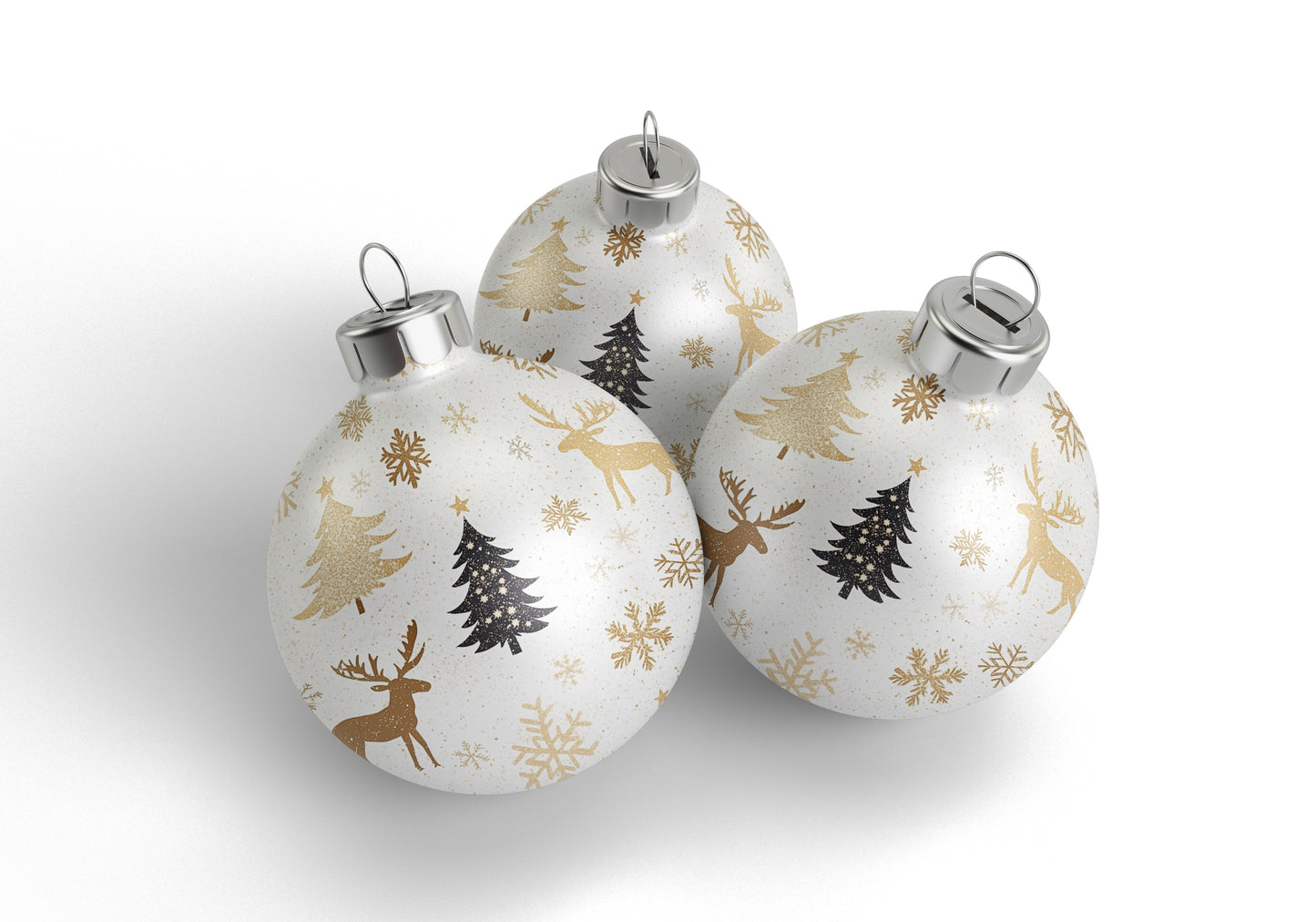 Christmas Ball Ornament Set – 3pcs White with Gold & Black Holiday Motifs, Luxurious Christmas Tree Decorations