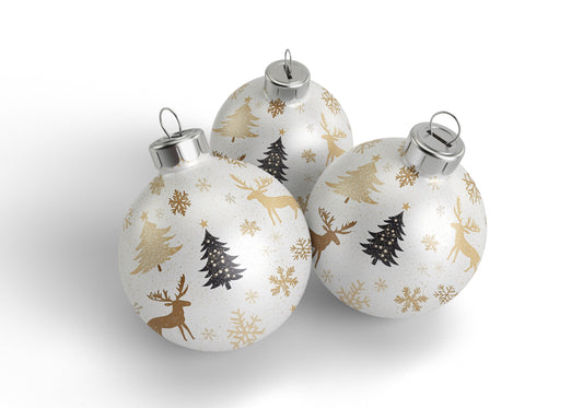 Christmas Ball Ornament Set – 3pcs White with Gold & Black Holiday Motifs, Luxurious Christmas Tree Decorations