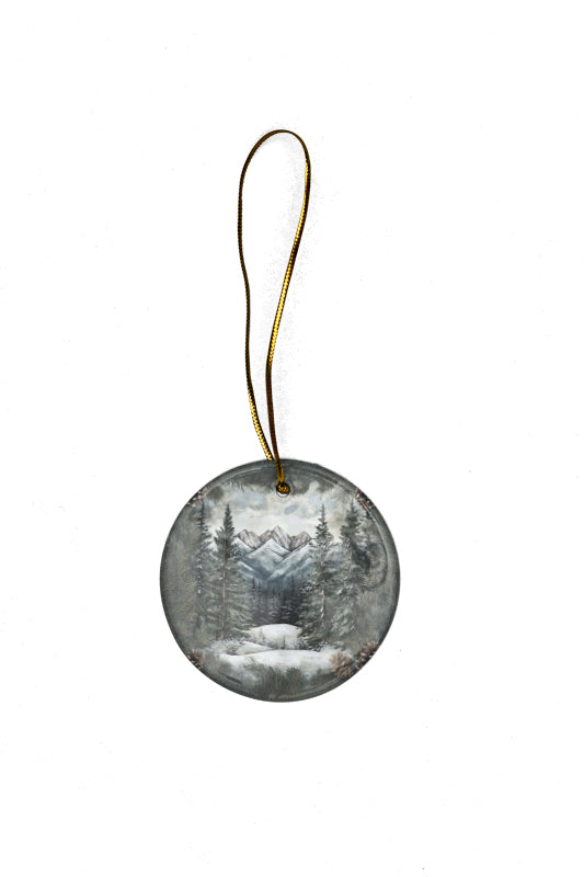 Christmas Ceramic Round Ornament – Majestic Mountain Landscape with Snowy Evergreen Trees, Perfect Holiday Decoration