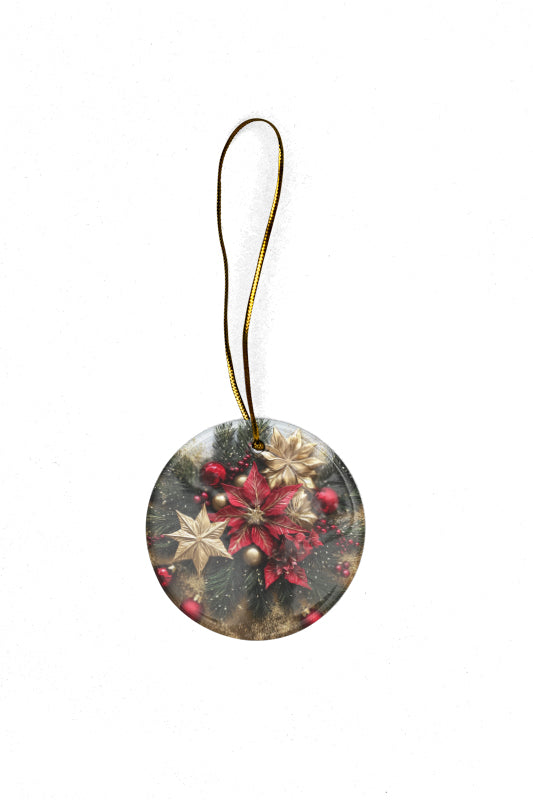 Christmas Ceramic Round Ornament – Vibrant Poinsettias, Gold Flowers & Festive Elements, Perfect Holiday Decoration