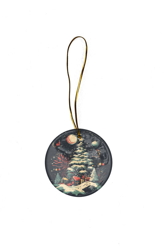 Christmas Ceramic Round Ornament – Enchanting Winter Scene with Christmas Tree, Gifts, and Celestial Elements