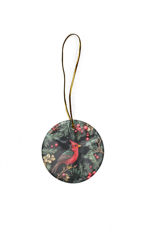 Christmas Ceramic Round Ornament – Vibrant Red Cardinal with Holiday Greenery on Black Background, Perfect Holiday Decoration