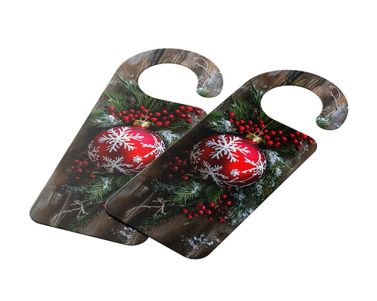 Christmas Door Hanger – Elegant Red Ornament with Snowflake Design and Pine Branches