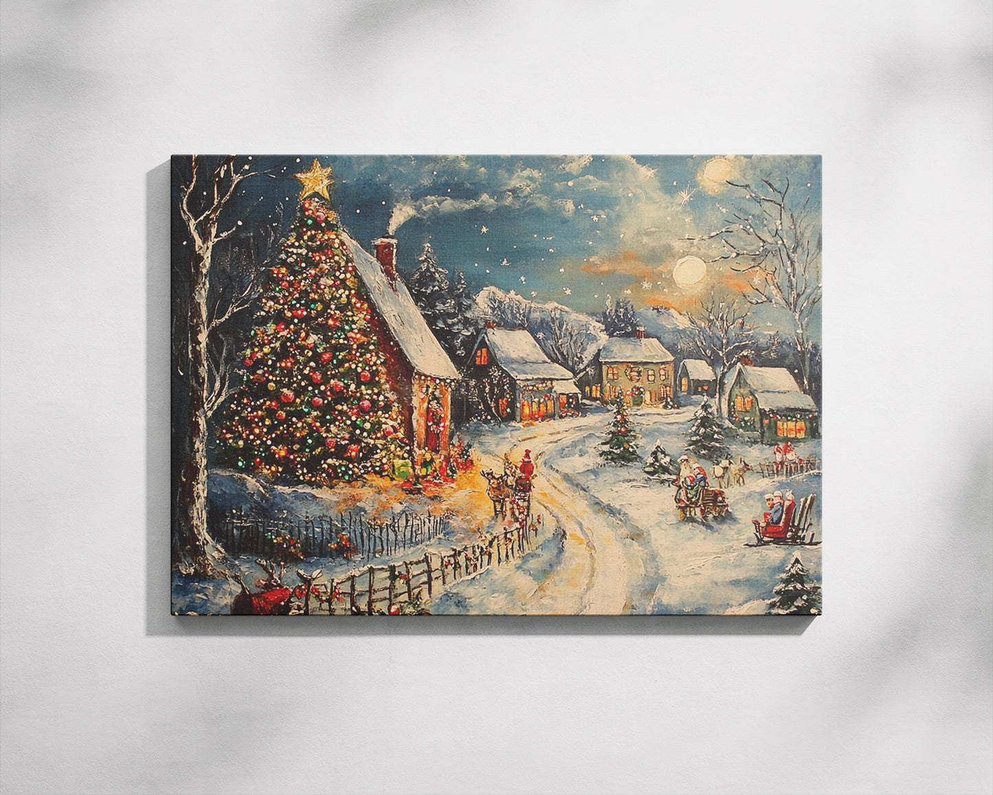 Christmas Wall Art Canvas – 24"x36" Snowy Winter Landscape with Decorated Christmas Tree