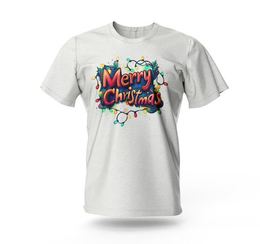 Christmas T-Shirt – "Merry Christmas" with Festive Lights Design