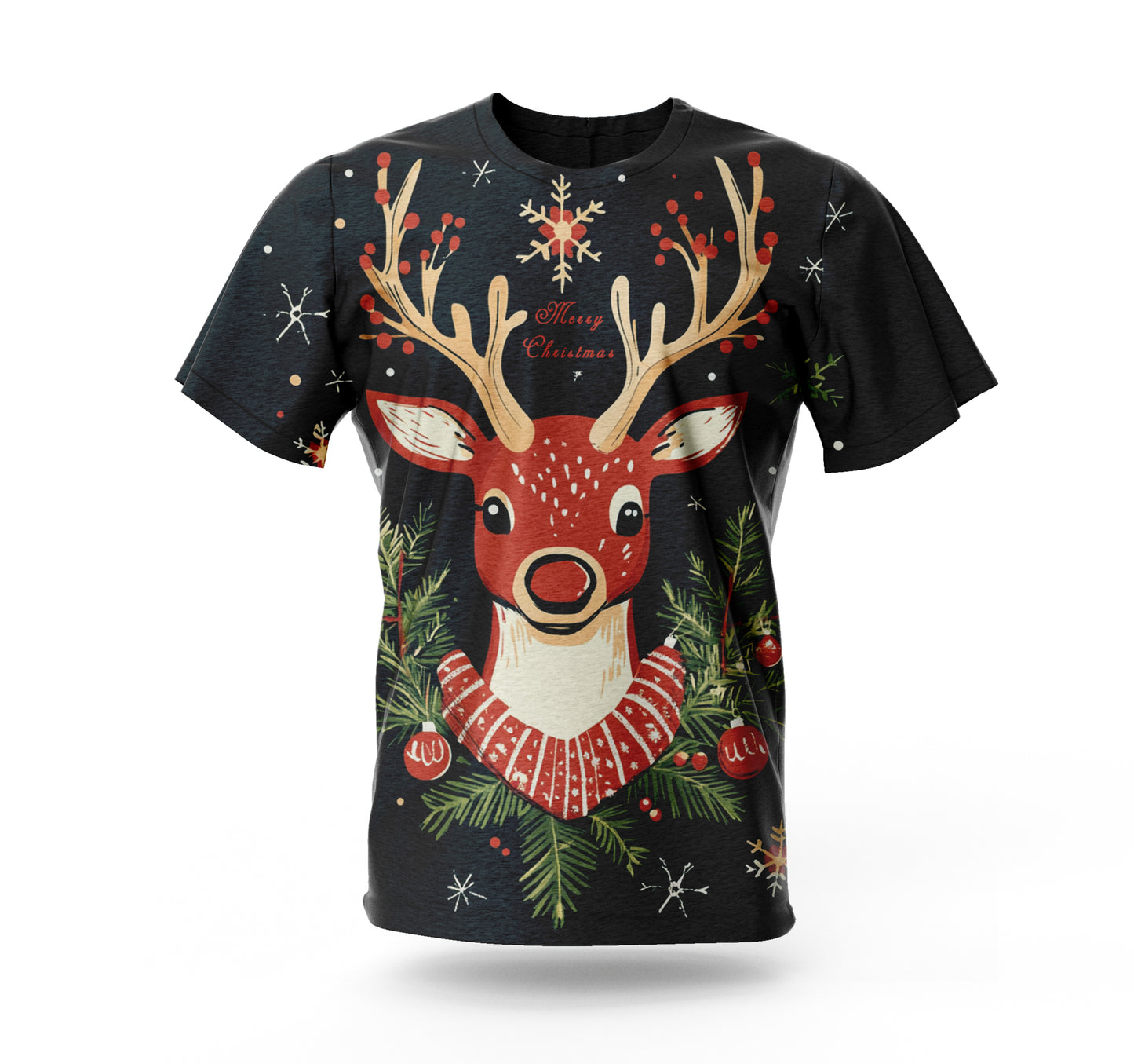 Christmas T-Shirt – Whimsical Reindeer with Festive Antlers and Scarf