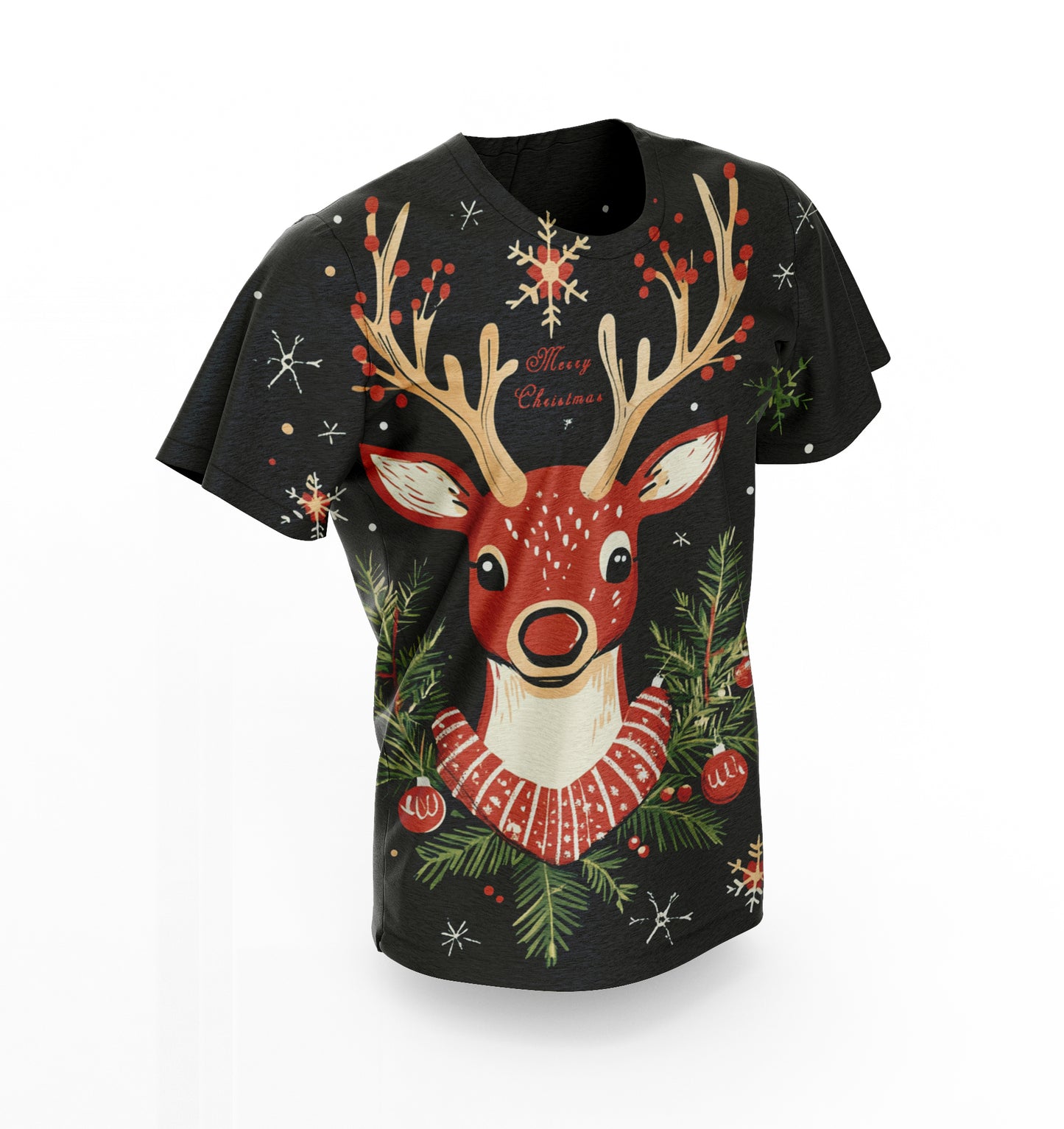 Christmas T-Shirt – Whimsical Reindeer with Festive Antlers and Scarf