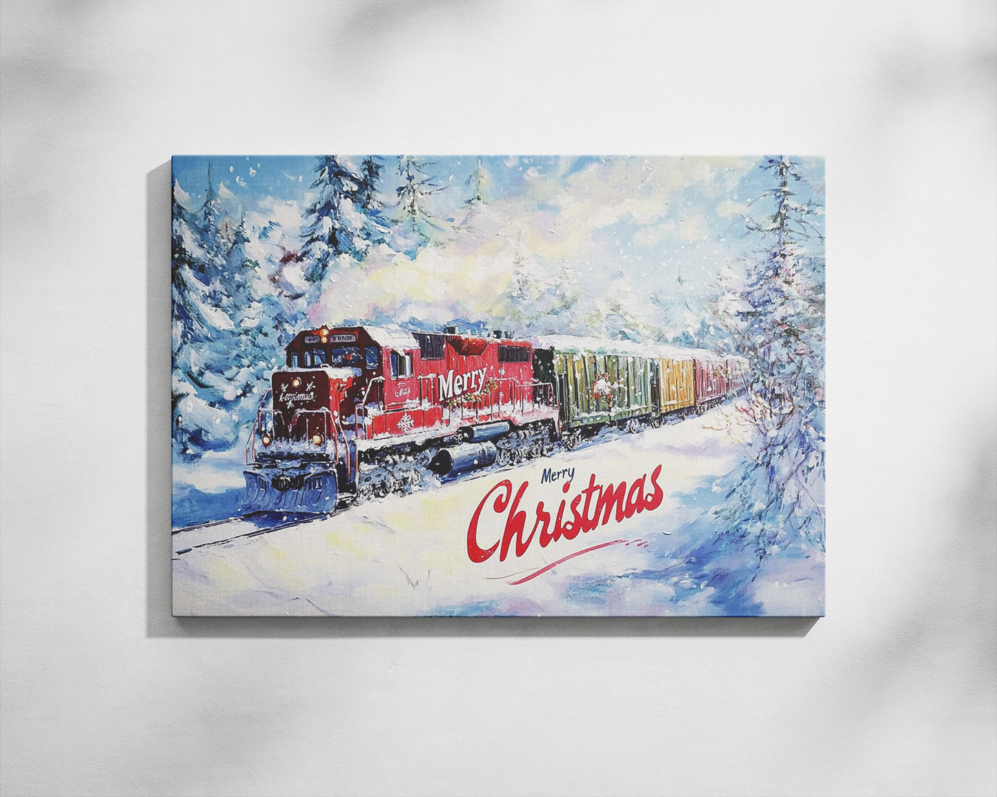 Christmas Wall Art Canvas – 24"x36" Festive Red Train in a Winter Wonderland