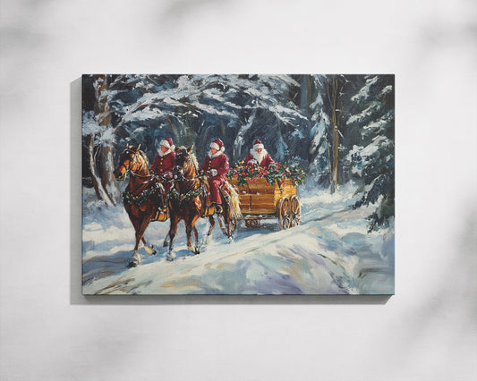 Christmas Wall Art Canvas – 24"x36" Santa Riders in a Festive Winter Forest Scene