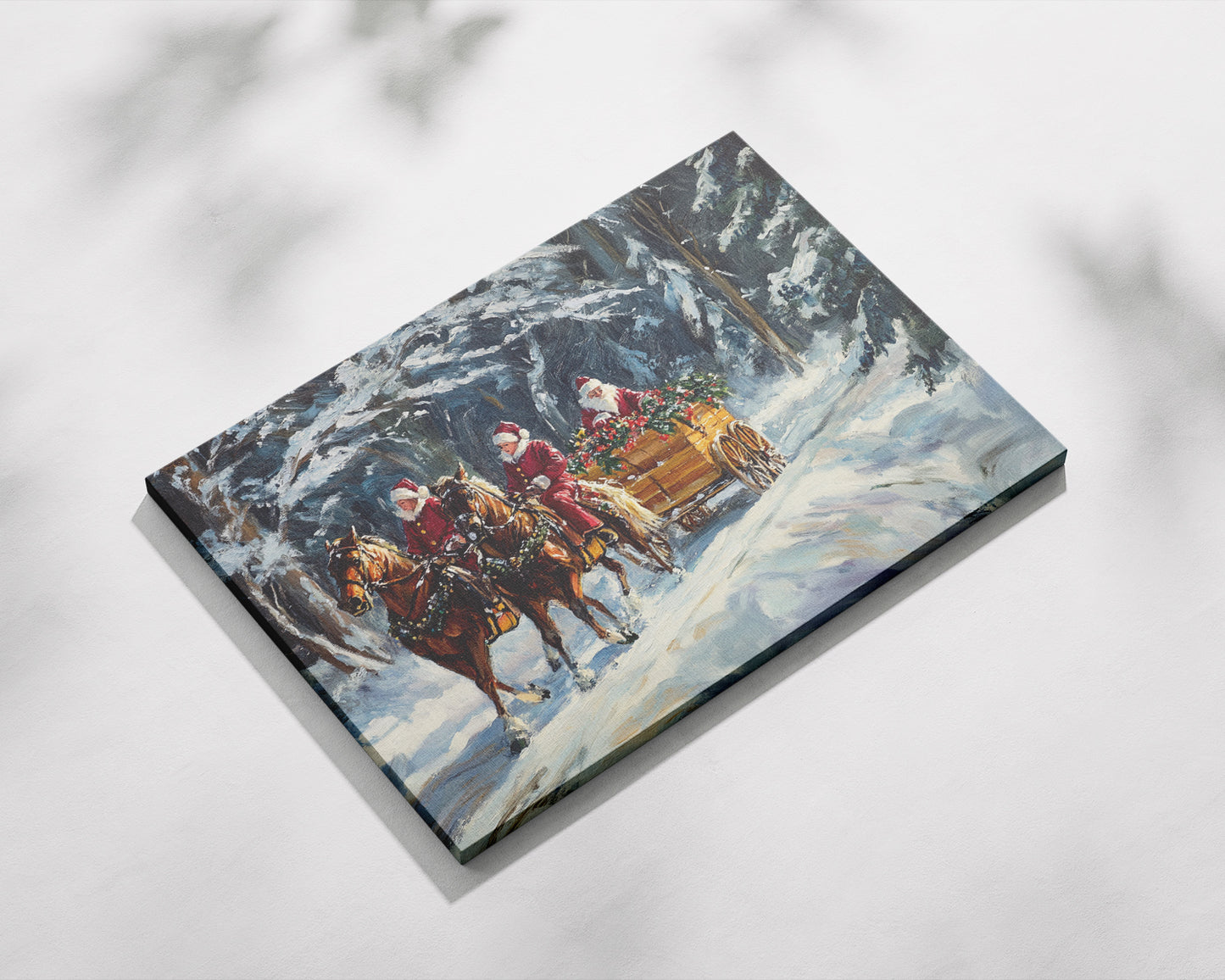 Christmas Wall Art Canvas – 24"x36" Santa Riders in a Festive Winter Forest Scene