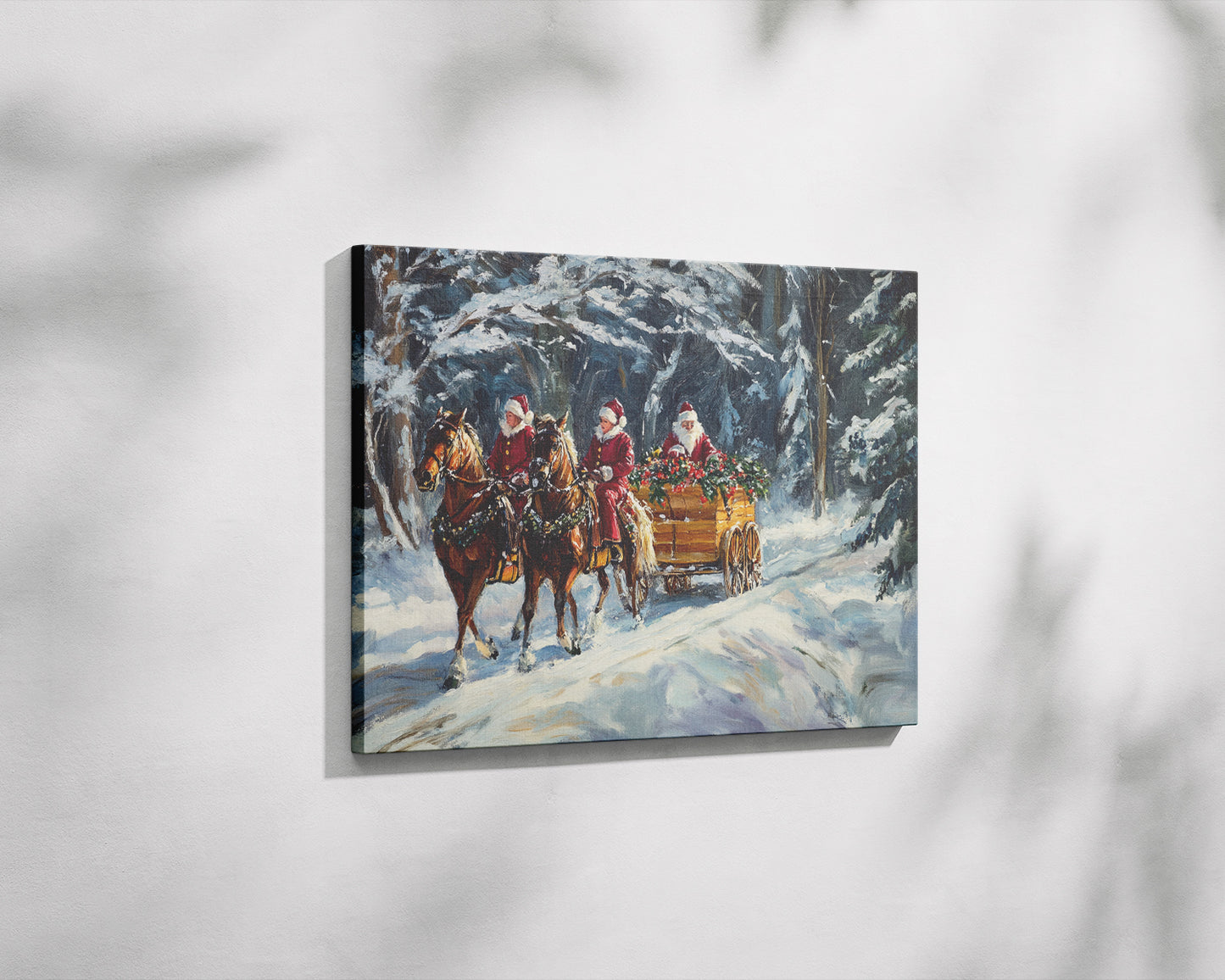 Christmas Wall Art Canvas – 24"x36" Santa Riders in a Festive Winter Forest Scene