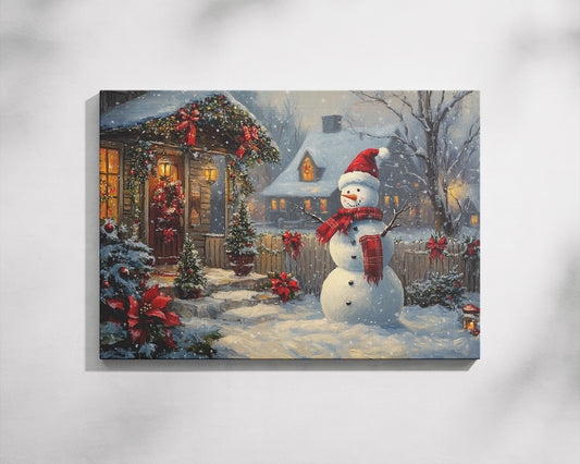 Christmas Wall Art Canvas – 24"x36" Snowman in a Heartwarming Winter Scene