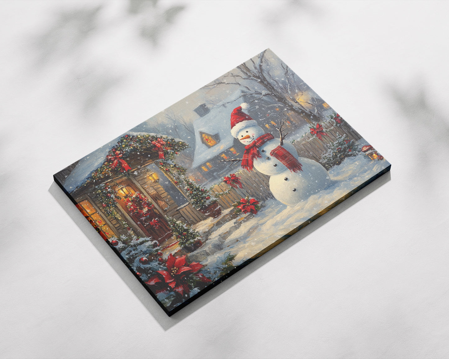 Christmas Wall Art Canvas – 24"x36" Snowman in a Heartwarming Winter Scene