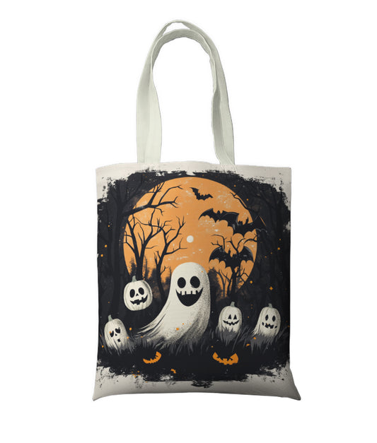 Halloween Tote Bag – Whimsical Ghost and Carved Pumpkins Design, Perfect for Trick-or-Treating and Spooky Shopping