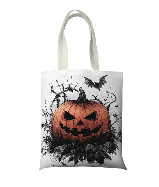 Halloween Tote Bag – Spooky Pumpkin Design with Black & White Accents, Perfect for Trick-or-Treating and Halloween Shopping